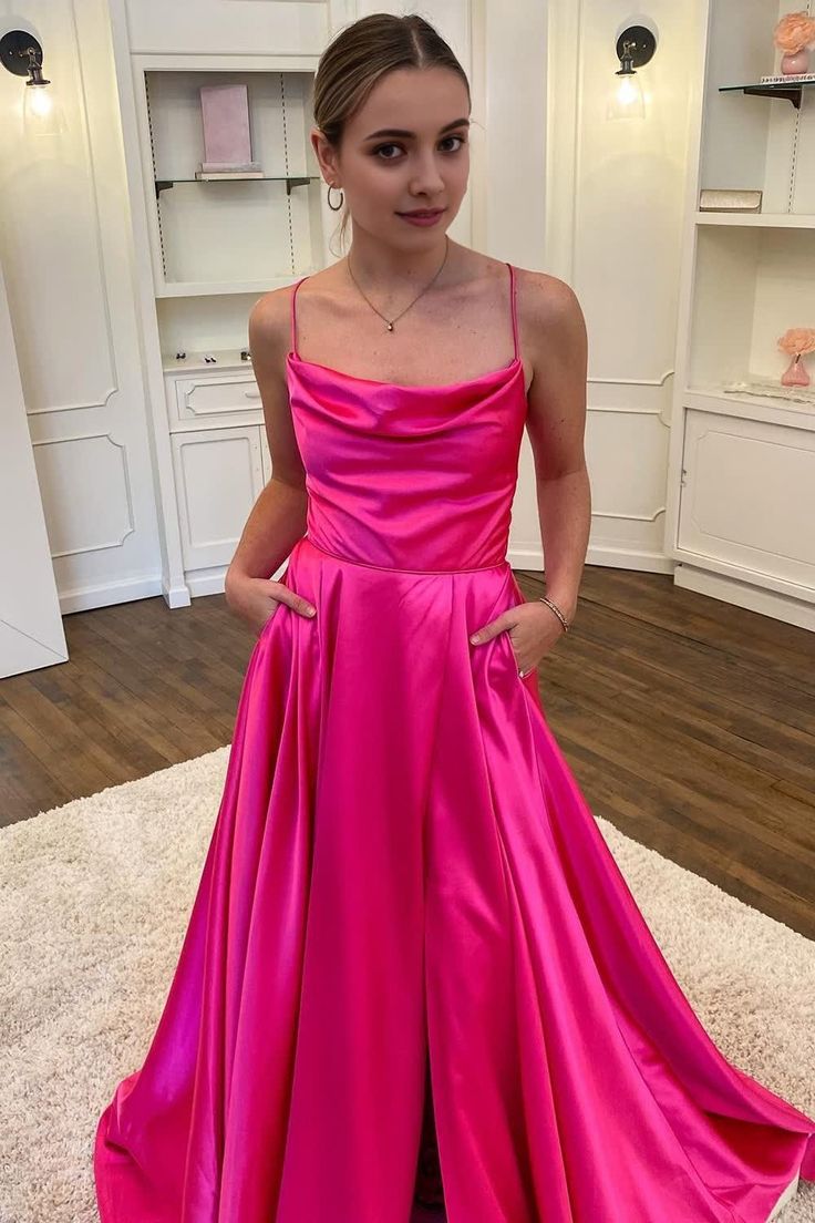 Robe de bal longue rose vif à bretelles spaghetti et fente sur le devant, coupe trapèze, fg4958