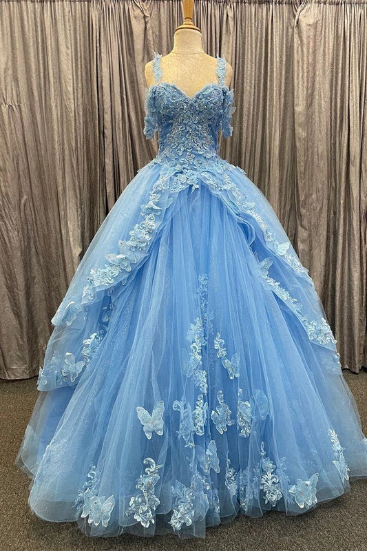 Blaues, mehrlagiges Ballkleid aus Tüll mit Herzausschnitt und 3D-Blumenspitze, Abschlussballkleid fg4649