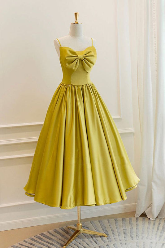 Yellow Satin Short Prom Dresses, Cute A-Line Bow Homecoming Dresses      fg5223