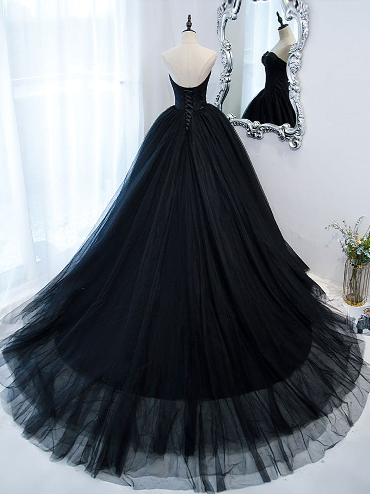 Schwarzes langes Ballkleid aus Tüll mit herzförmigem Ausschnitt, schwarzes formelles Abendkleid fg5446