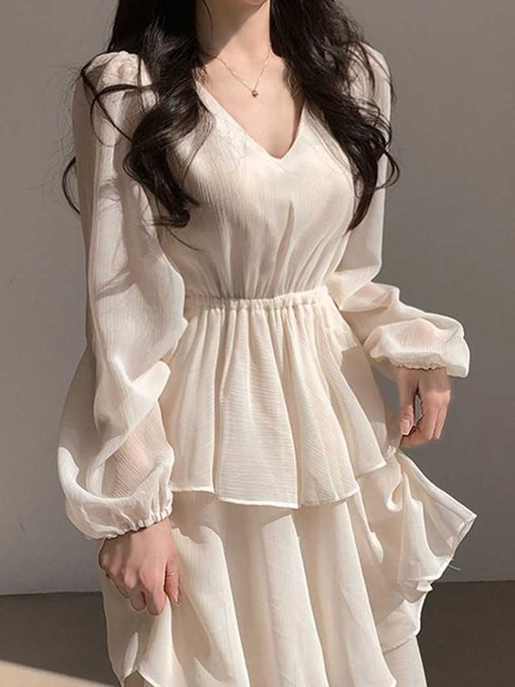 Casual Dresses V Neck Layered Ruffle Lantern Long Sleeve Cake Dress fg4753