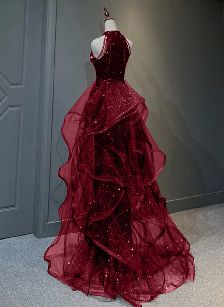 Robe de bal longue rouge vin à paillettes et tulle, dos nu, robe de soirée rouge vin fg4470