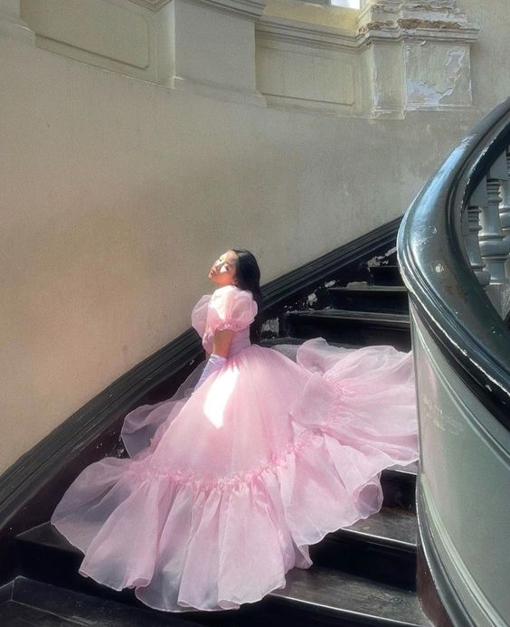 Robe de bal trapèze rose vintage, robe princesse rose fg5427