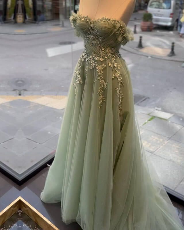 A-line Sage Tulle Lace Appliques Dress Formal Dresses, Evening Gown fg5007