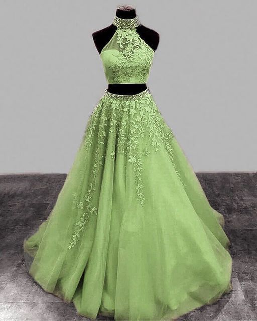 Sage Green Prom Dresses Two Piece Lace Embroidery Beaded Halter Formal formalgowns Sage Green Prom Dresses Two Piece Lace Embroidery Beaded Halter Formal formalgowns