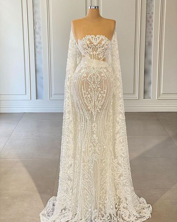 Elfenbeinfarbene Spitze Meerjungfrau Ballkleider Partykleider Brautkleid (Innenfutter, nicht durchsichtig) fg4568