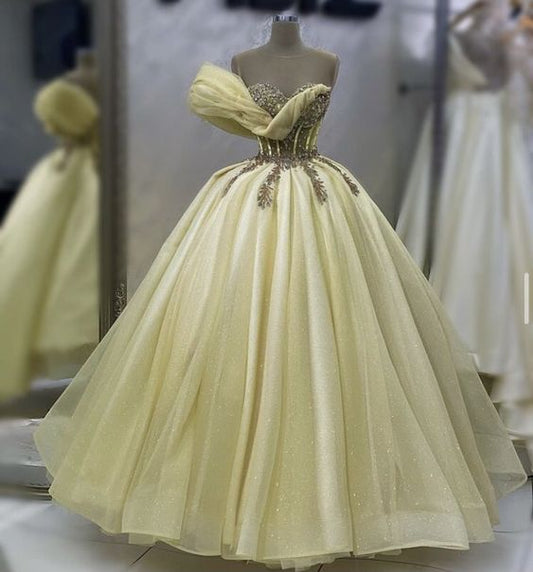 A-Linie Gelbes Tüll Langes Ballkleid, Lange Abendkleider fg4408