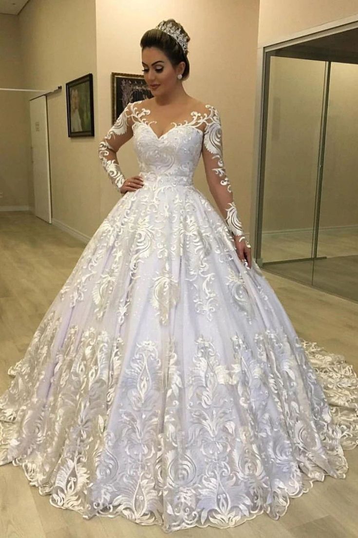 princess long sleeve wedding dresses Princess Court Train Glamorous Lace Long Sleeve Wedding Dresses V-Neck