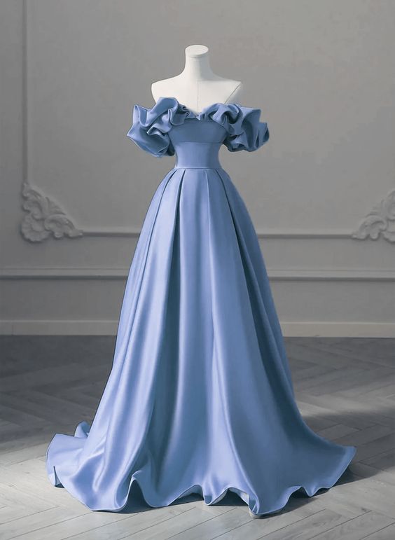 off shoulder prom dress blue Unique Blue Satin Long Off Shoulder Party Dress, Simple Blue Prom Dres – formalgowns