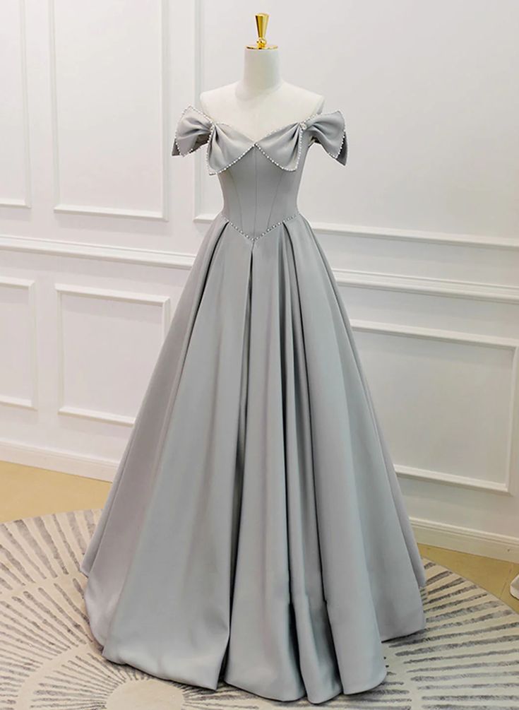 Grey Satin Beaded Long Party Dress with Bow, Grey A-line Prom Dress fg formalgowns Grey Satin Beaded Long Party Dress with Bow, Grey A-line Prom Dress fg formalgowns