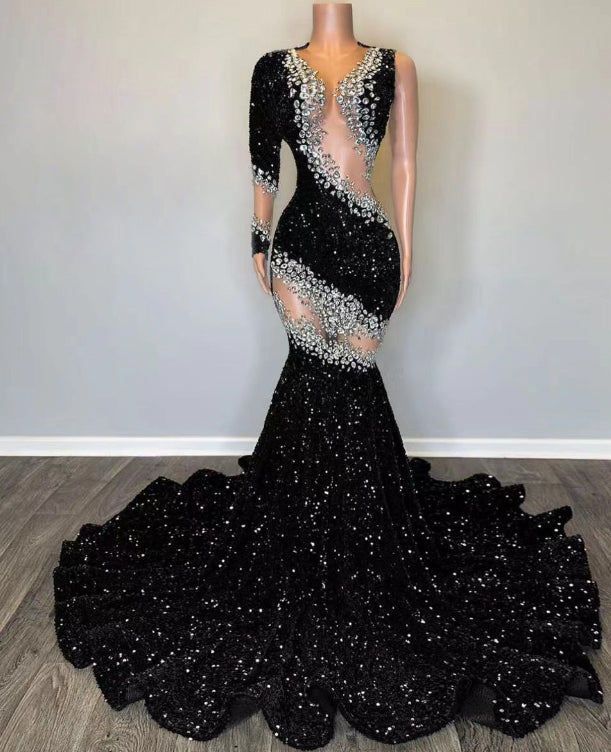 One-Shoulder-Ballkleider, Diamant-Ballkleider, schwarze glitzernde Ballkleider, Pailletten-Abendkleider fg4383