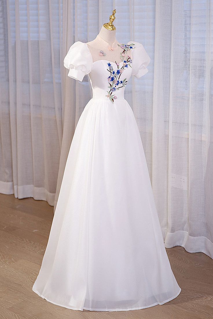 High Neckline A-line Short Sleeves Party Dress, Long Formal Dress fg5576