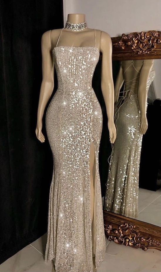 Robe de bal sirène longue et sexy à bretelles spaghetti et paillettes, sans manches, avec lacets et fente dans le dos, fg4944