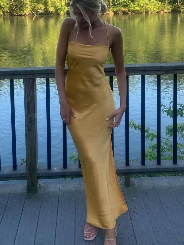 sexy yellow dress Sexy Yellow Sheath Spaghetti Straps Maxi Long Party Prom Dresses, Even – formalgowns