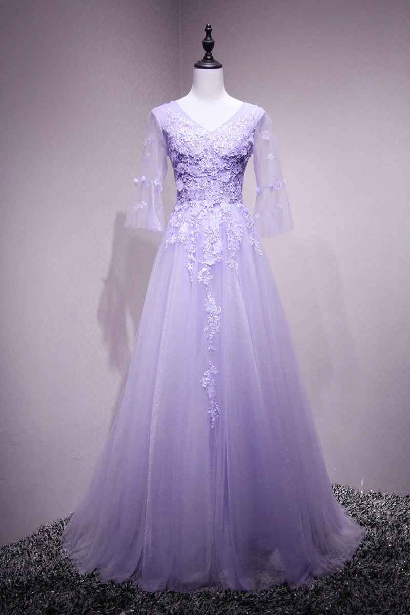 Purple Tulle Flower And Lace Short Sleeves Tulle Long Formal Dress,a-line Lavender Party Dress Prom Dress fg4486
