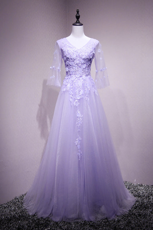 Robe longue de soirée en tulle violet à fleurs et dentelle, manches courtes, coupe trapèze, couleur lavande, robe de bal fg4486