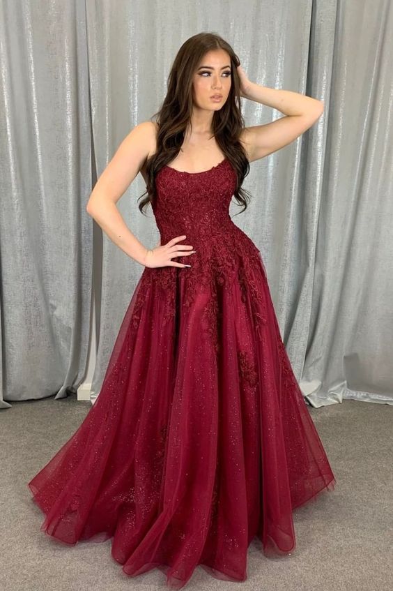 A Line Tulle Burgundy Scoop Prom Dresses With Appliques fg4653 formalgowns A Line Tulle Burgundy Scoop Prom Dresses With Appliques fg4653 formalgowns
