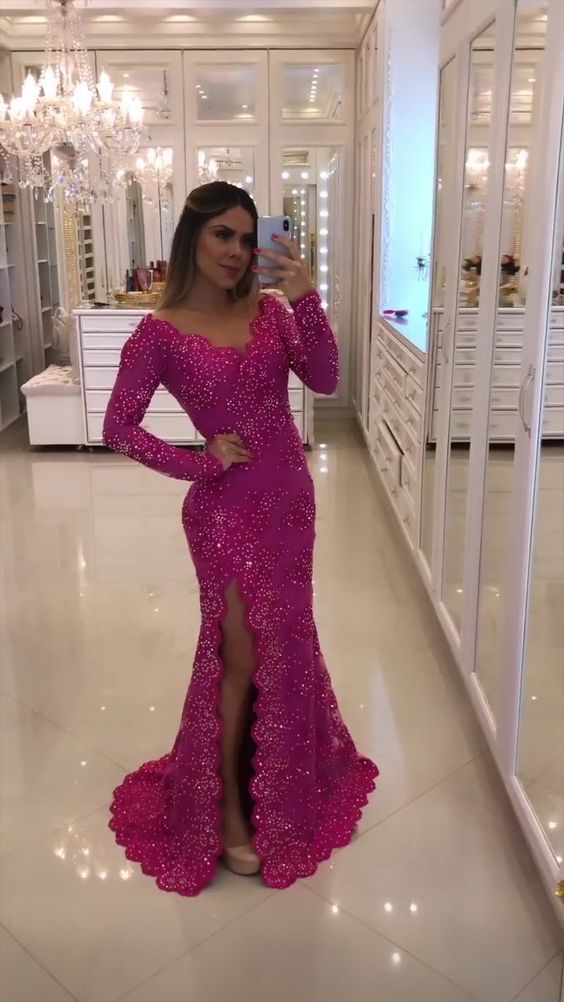 mermaid long sleeve pink prom dresses Andrea & Leo A1342 Long Beaded Mermaid Formal Prom Dress