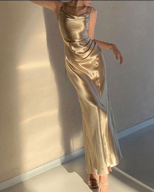 Elegant Gold Satin Backless Mermaid Long Prom Dress Formal Party Dress       fg5213