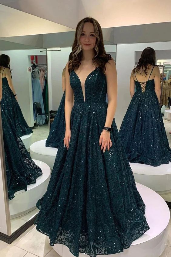 Shiny Lace Dark Green Deep V Neck A line Sequins Evening Dress Long Pr formalgowns Shiny Lace Dark Green Deep V Neck A line Sequins Evening Dress Long Pr formalgowns