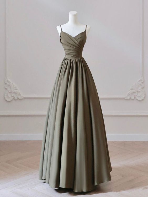 A-Line V Neck Satin Olive Green Long Prom Dress, Olive Green Long Form formalgowns A-Line V Neck Satin Olive Green Long Prom Dress, Olive Green Long Form formalgowns