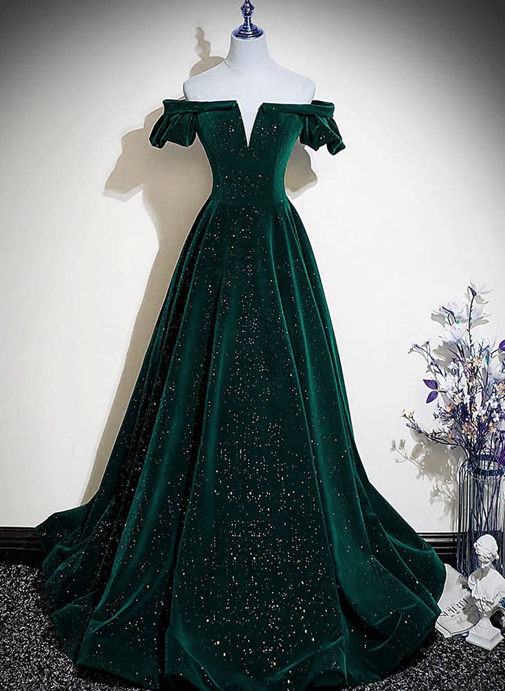 Velvet Off Shoulder Long Party Dress, Green A-line Prom Dress fg4940 formalgowns Velvet Off Shoulder Long Party Dress, Green A-line Prom Dress fg4940 formalgowns