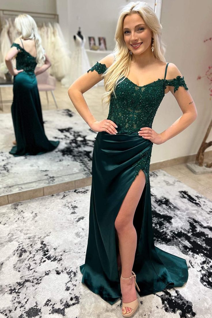 Off the Shoulder Hunter Green Slit Prom Dress with Appliques fg4828 formalgowns Off the Shoulder Hunter Green Slit Prom Dress with Appliques fg4828 formalgowns