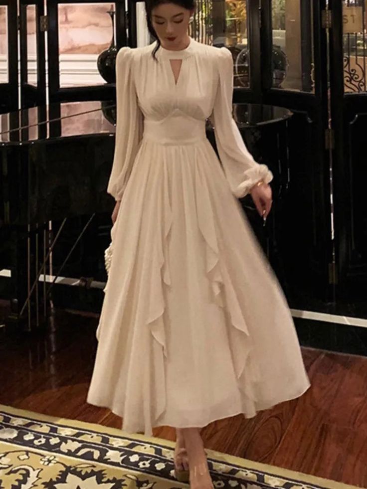 Elegant Ruffles Midi Dress Women Lantern Sleeve A-line Evening Party Prom Dresses fg5053