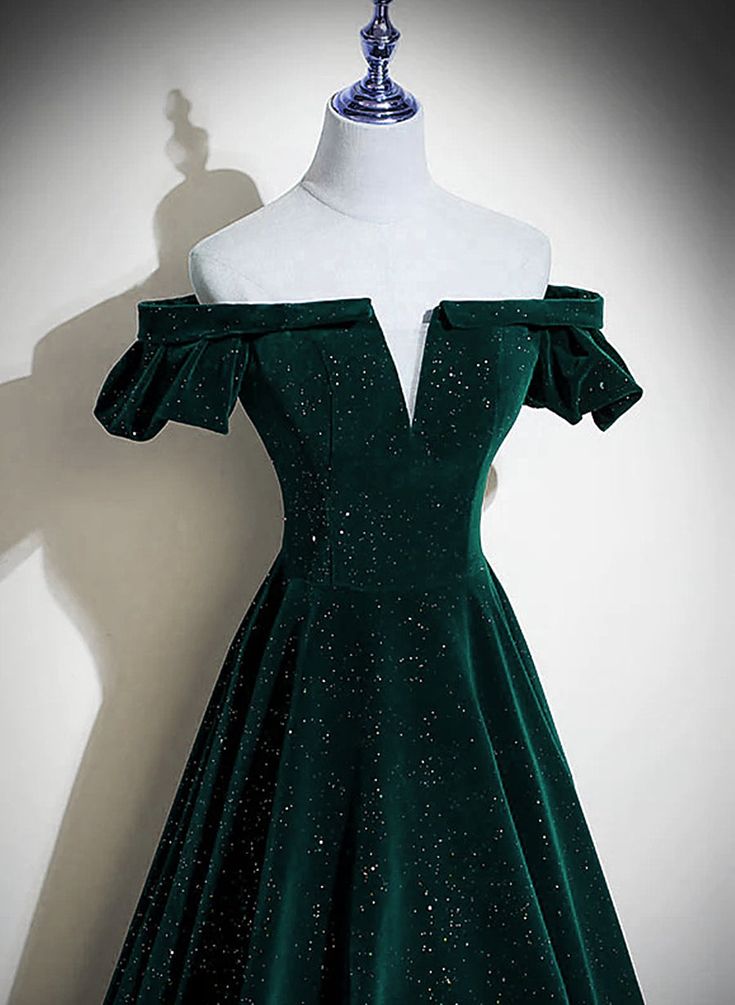 Velvet Off Shoulder Long Party Dress, Green A-line Prom Dress fg4940
