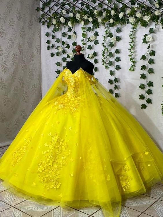 Gelbes Quinceanera-Kleid aus Spitze, schulterfrei, Cinderella-Ballkleid, FG4655