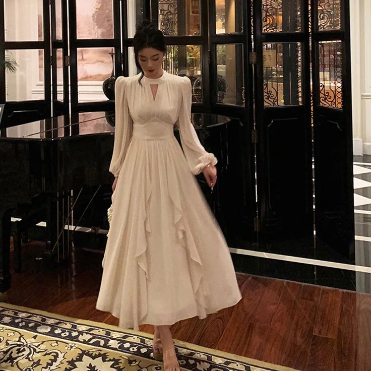 Elegant Ruffles Midi Dress Women Lantern Sleeve A-line Evening Party Prom Dresses fg5053