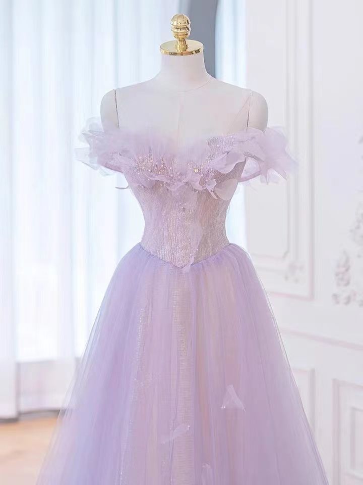 Robe de bal violette, robe de soirée à épaules dénudées, robe de soirée de rêve, robe d'anniversaire romantique fg4656