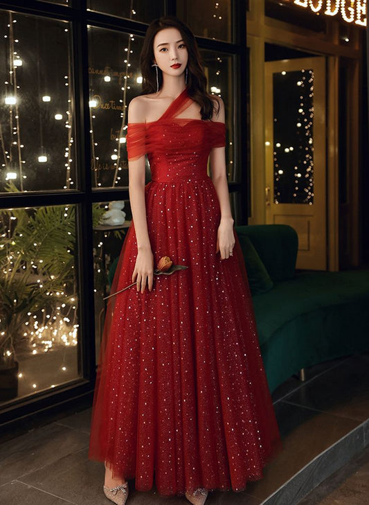 Robe de soirée longue rouge en tulle à épaules dénudées, robe de bal trapèze rouge en tulle fg5208