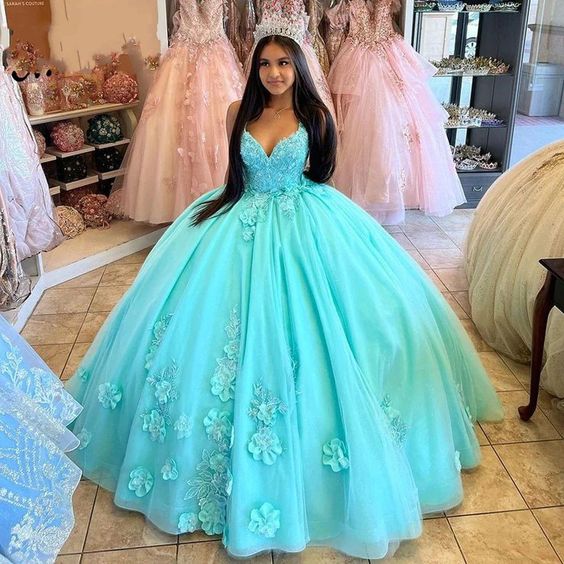 Robe de Quinceanera à bretelles, col en V, motif floral 3D, robe de soirée, robe de bal, anniversaire, fg4651