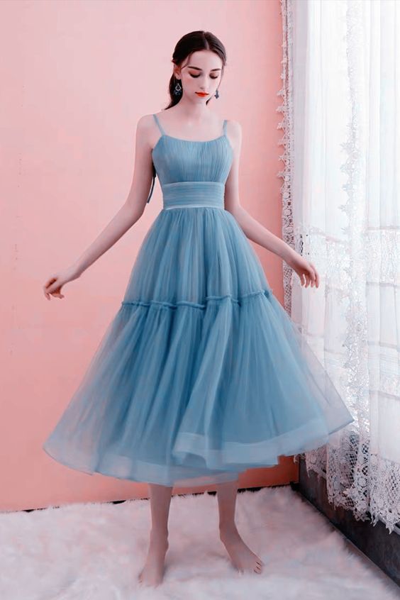 Blue A-line Tulle Midi Bridesmaid Dress fg4460 formalgowns Blue A-line Tulle Midi Bridesmaid Dress fg4460 formalgowns