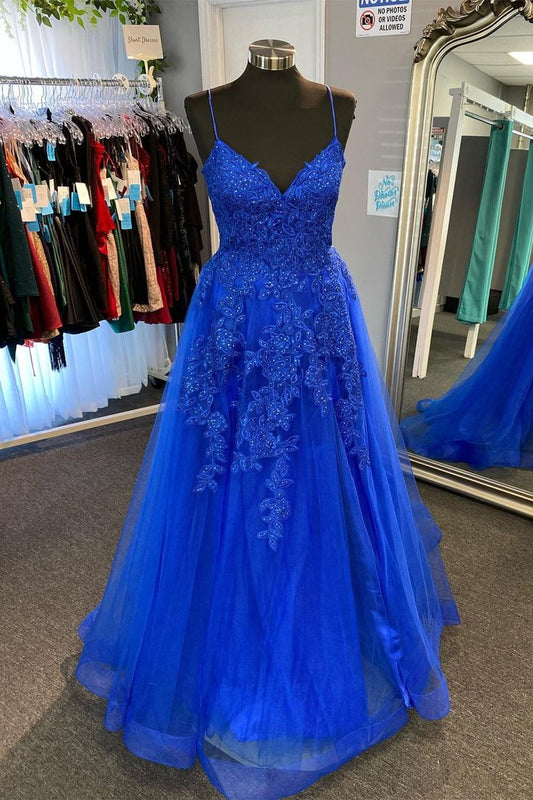 Robe de bal longue en tulle bleu roi avec décolleté en V profond et lacets fg4605