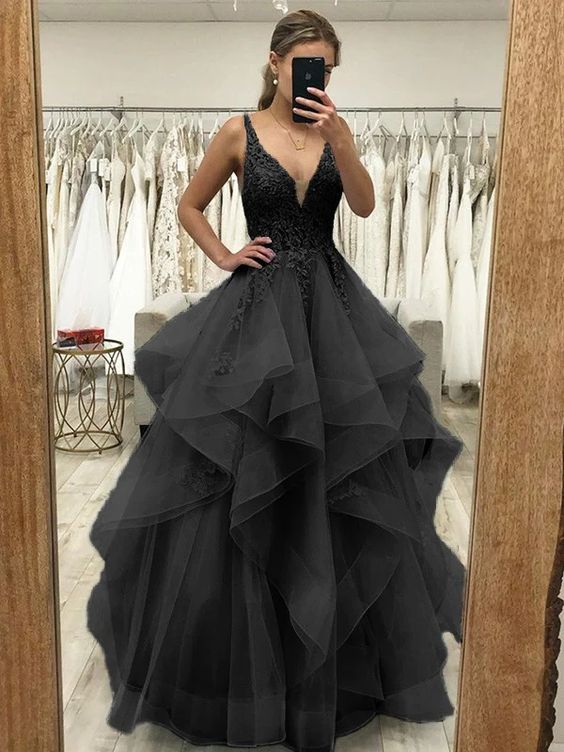 a-line sleeveless v-neck floor-length with applique tulle dresses A-Line/Princess Applique Tulle Sleeveless V-neck Sweep Train Dresses US6 / Custom Color