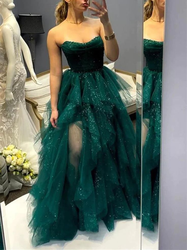 Shiny Strapless High Low Green Tulle Long Prom Dresses, Green Tulle Hi formalgowns Shiny Strapless High Low Green Tulle Long Prom Dresses, Green Tulle Hi formalgowns