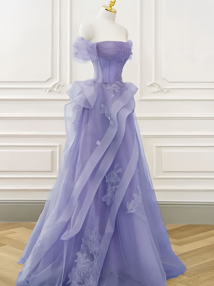 A-Line Off Shoulder Tulle Lace Purple Long Prom Dress, Purple Lace Long Formal Dress fg4857