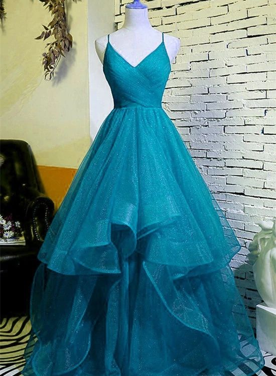 Teal Blue V-neckline Tulle Straps Layers Long Party Dresses, A-line Tu – formalgowns Teal Blue V-neckline Tulle Straps Layers Long Party Dresses, A-line Tu – formalgowns