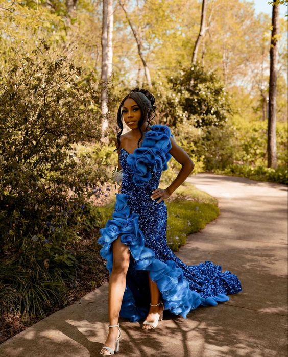 Blue Long Prom Dress Sequined Ruffles Side Split Sexy Evening Dress Gr formalgowns Blue Long Prom Dress Sequined Ruffles Side Split Sexy Evening Dress Gr formalgowns