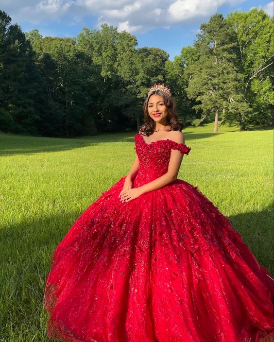 Red Prom Dress Ball Gown Quinceanera Dresses 3D Flowers Princess Corset Back Princess Prom Sweet 16 dress fg1214