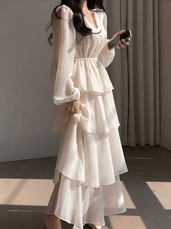 Casual Dresses V Neck Layered Ruffle Lantern Long Sleeve Cake Dress fg4753
