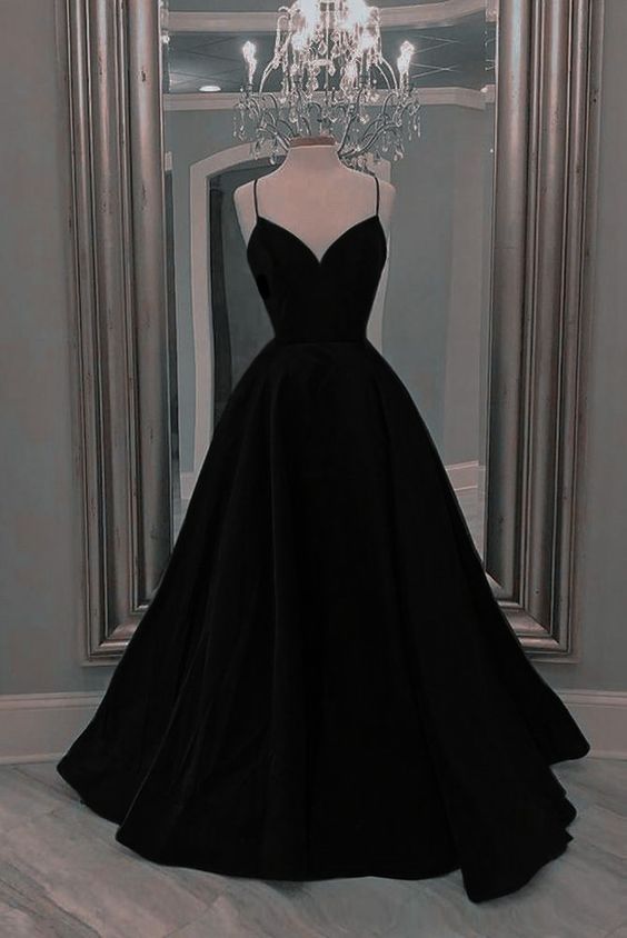 Black Spaghetti Straps Long Prom Dresses A Line Formal Evening Dress f formalgowns Black Spaghetti Straps Long Prom Dresses A Line Formal Evening Dress f formalgowns