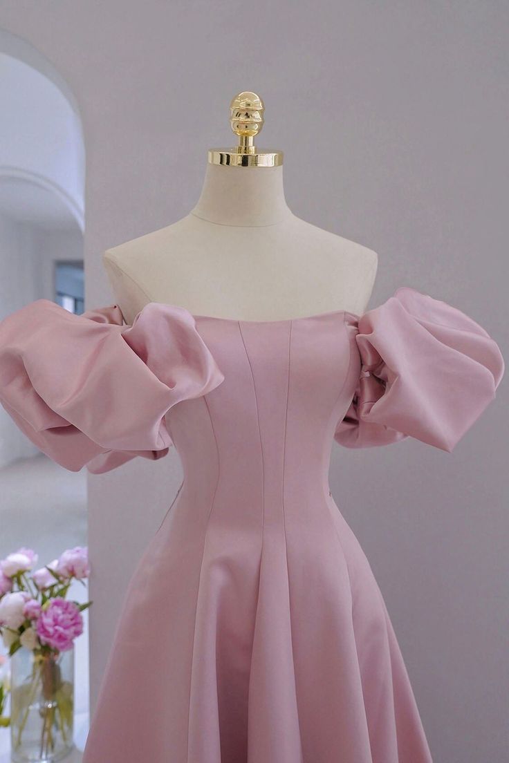 Satin Long A-Line Prom Dress, Puff Sleeves Formal Evening Dress fg5174