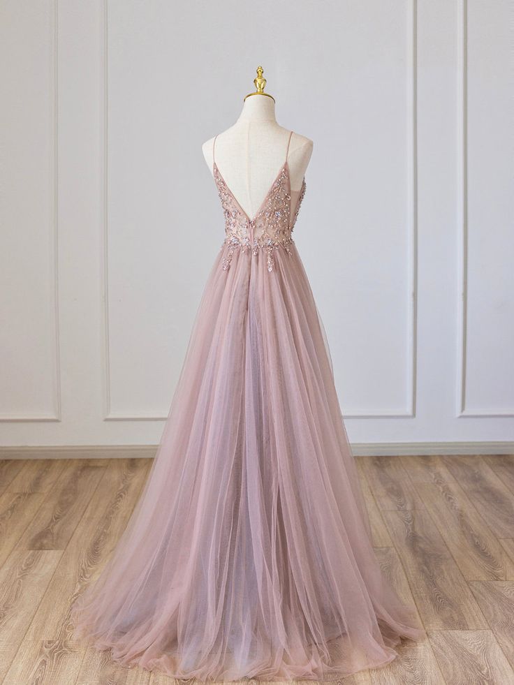 Rosafarbenes langes Ballkleid aus Tüll mit V-Ausschnitt und Perlen, rosafarbenes Abendkleid mit Spaghettiträgern fg5180