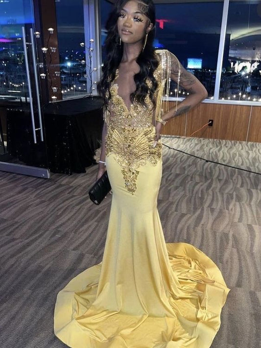 Robe de bal longue jaune perlée, robe de soirée formelle, robe de bal sirène fg4349