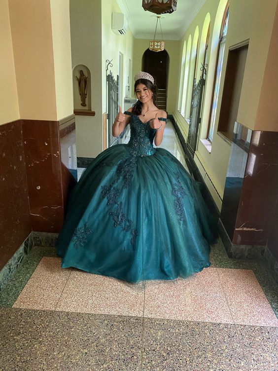 Dark green lace quince dress off shoulder prom ball gown fg4662 formalgowns Dark green lace quince dress off shoulder prom ball gown fg4662 formalgowns