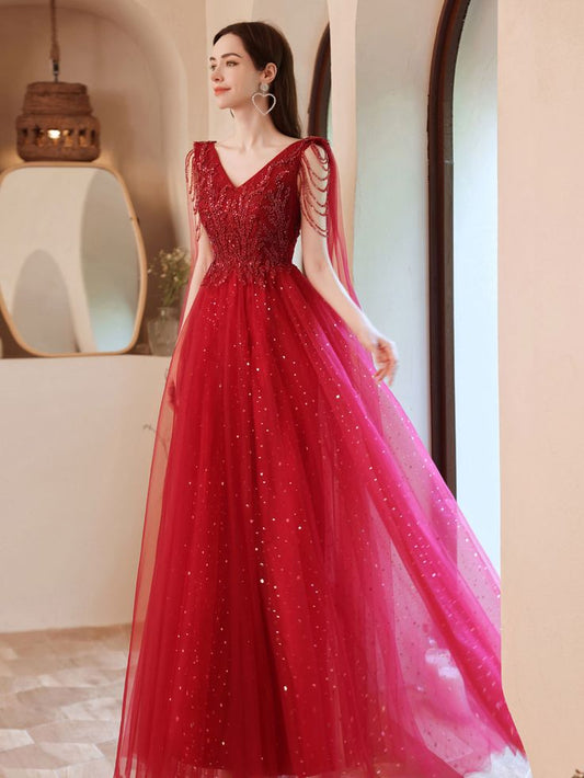 V Neck Tulle Lace Beads Long Prom Dress, Evening Dress      fg5210