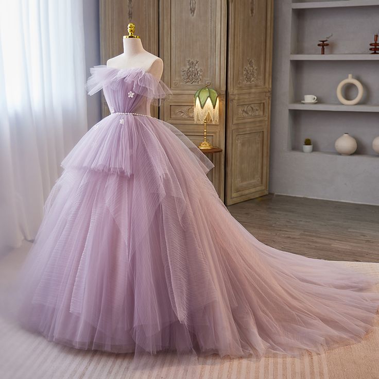 Elegant Lavender Cascading Ruffles Appliques Prom Dresses fg4417